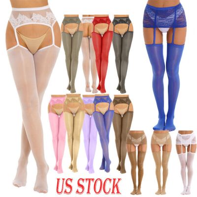 US Womens Lingerie Transparent Lace Miniskirt Garter Belt Over Knee Stockings